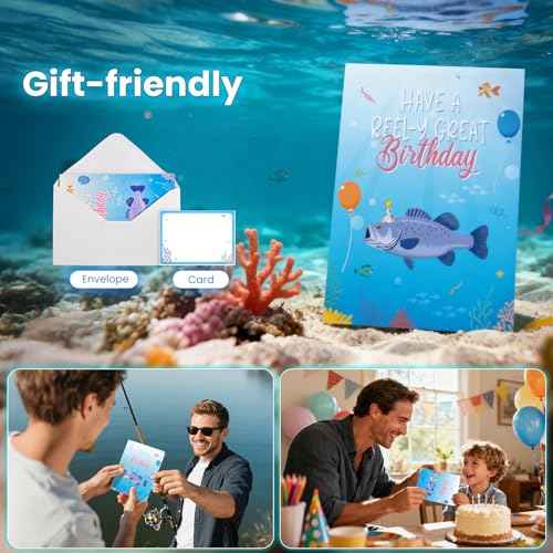 Musical Pop Up Birthday Cards for Him Her, Funny 3D Jumping Fish Singing Happy Birthday Song Greeting Card with Lights, Birthday Gifts for Men Women Kids Fisherman Friends