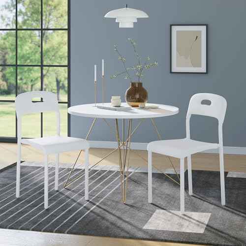 IDEALHOUSE Stackable Dining Chairs Set of 2, Kitchen Chair with Metal Legs and Ergonomic Plastic Seat, Waterproof & Stain-Resistant, Suitable for Outside, Office, Living Room, Easy Assembly, White