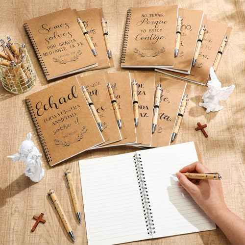 60 Pcs/30 Sets Regalos Cristianos En Espa?ol Spanish Christian Notebooks with Pen Spanish Religious Gift Bulk Motivational Journals Inspirational Pen Thank You Gift for Church (Kraft Color)