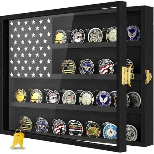 Military Challenge Coin Display Case 16 x 12 in, Wooden American Flag Shadow Box with Anti-Dust UHD Acrylic Door, Gold-Antitheft Lock & Wall Mount, Gift for Collectors (Black Large)