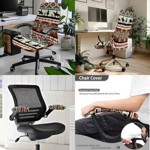 Aztec Cactus Print Office Chair Cover with Armrest Covers, Western Cowboy Printed Office Chair Slipcovers with Button, Elastic High Back Chairs Slipcover, L