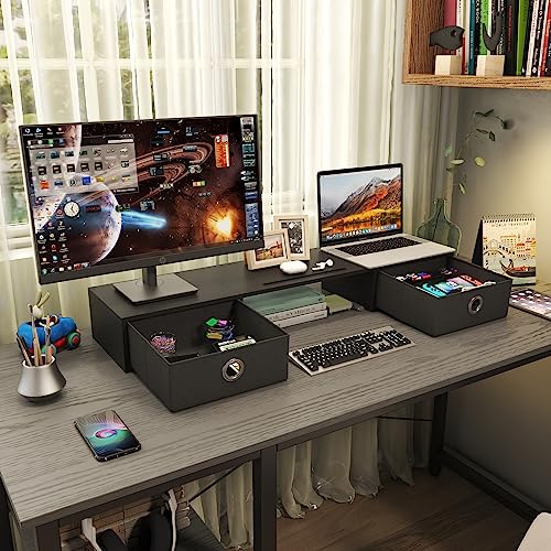 WESTREE Dual Monitor Stand Riser with Two Drawers, Extra Large Storage Monitor Stand for 2 Monitors, Desktop Oraganizer Stand for Computer,Laptop,Screen,Printer,TV