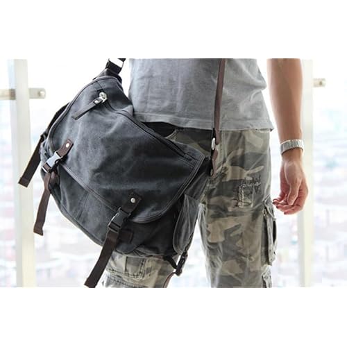 [Upgraded] Vintage Canvas Messenger Bag 13 15.6 17 inches Large Book Laptop Shoulder Bag Women Men New (Black, Large)