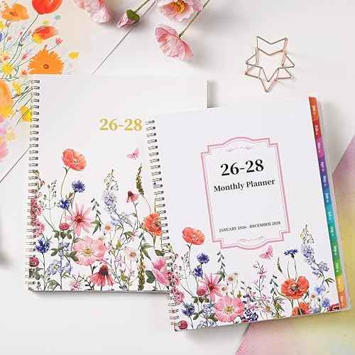 2026-2028 Monthly Planner- 3 Year Planner 2026-2028, Jan. 2026 - Dec. 2028, 3 Year Calendar 2026-2027-2028 monthly planner, 9" x 11", 36 Month Calendar with Colourful Tabs + Back Pocket - Flowers