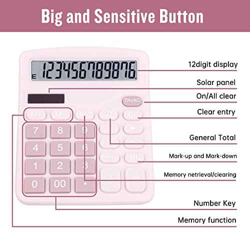 Cute Pink Desktop Calculator with Big Buttons, Dual Power Source, Solar and Battery, Large Display Screen - Perfect for Office, Teachers, and Students (Pink)