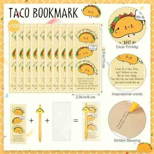 100 Set Positive Taco Gift Funny Emotional Support Taco Ballpoint Pen with Inspirational Bookmark Christmas Employee Appreciation Gift for Coworker Nurse Teacher Student Birthday Party Favor