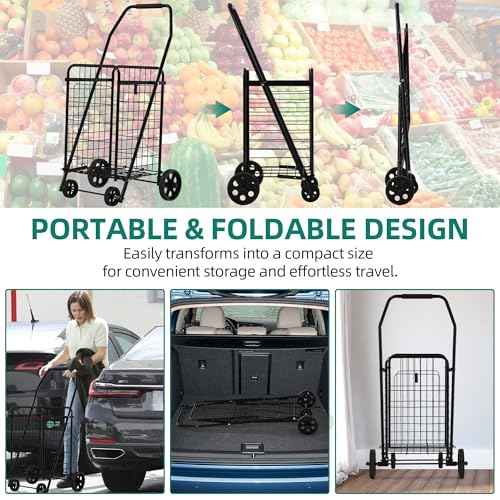 YITAHOME Folding Shopping Cart with Wheels, Portable Collapsible Grocery Cart for Seniors, Rolling Utility Cart for Laundry, Storage & Organizer (Foldable, Easy Carry)