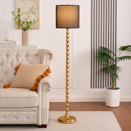 64" Gold Bamboo Floor Lamp, Mid-Century Modern Floor Lamp for Living Room & Bedroom with Black Drum Shade