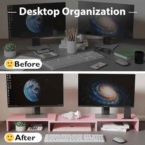 BONTEC Dual Monitor Stand Riser with Smartphone Holder, Adjustable Length & Swivel Angle, Ergonomic Wooden Desktop Organizer for PC Monitor, Laptop, Printer, Large Storage, White