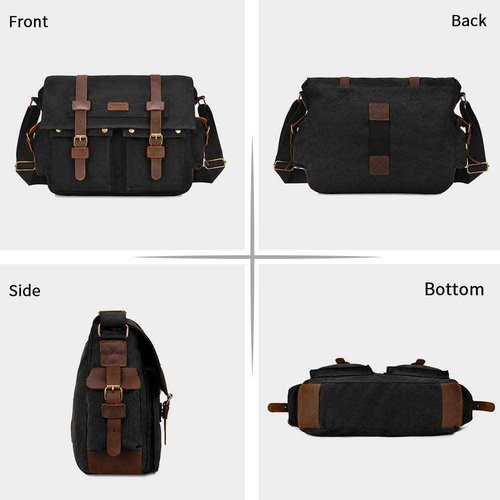Kattee Military Messenger Bag Canvas Leather Shoulder Bag Fits 13.3 Inch Laptop Black