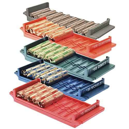 Nadex Rolled Coin Storage Organizer 5 Tray Set with Ridges for Loose Coins | Dollar, Quarters, Dimes, Nickles, and Penny Color Coded Trays
