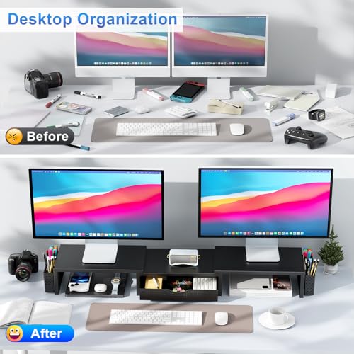 Gianotter Black Dual Monitor Stand Riser with Drawer & Pen Holders - Ergonomic Desk Organizer