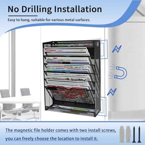 7-Tier Magnetic File Holder, No Drilling Wall File Organizer, Hanging File Organizer, Vertical Holder Rack for File Cabinets, Whiteboard, Refrigerator
