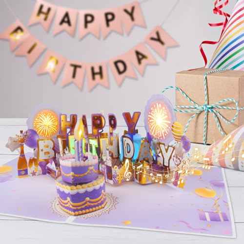 XTF2015 Firework Birthday Cards£¬Music & LED Lights 3D Pop Up Greeting Card with Blowable Birthday Cake, Comes with Digital DIY, Sticky Note and Envelope, for Lover, Family and Friend