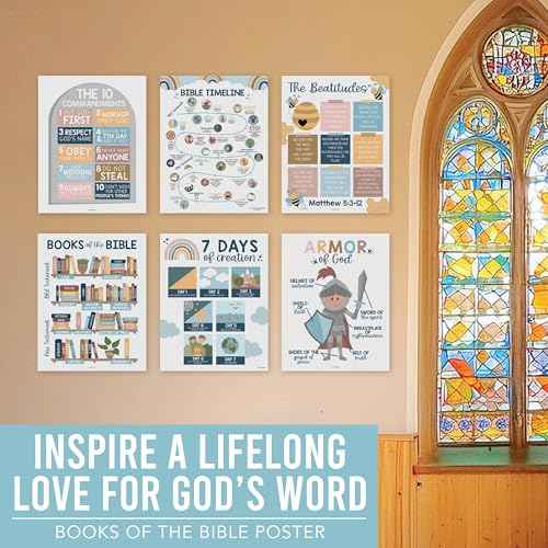 Hadley Designs Sunday School Decorations for Classroom ? 9 Bible Posters for Kids, 11x14in Books of the Bible Poster, 10 Commandments, Fruits of the Spirit & More ? Boho Christian Classroom Decor