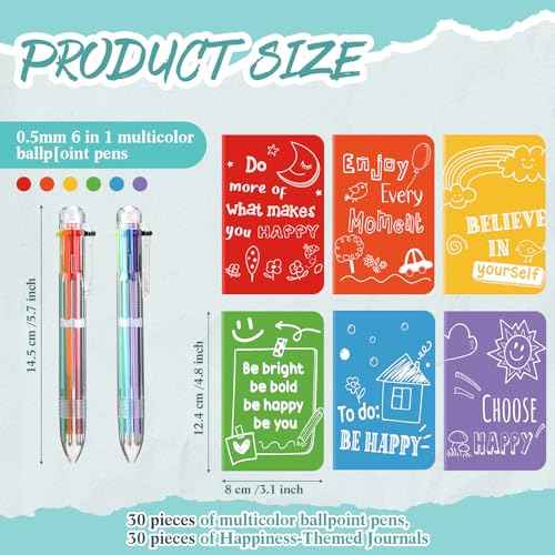 Fulmoon 30 Sets Mini Colorful Inspirational Notebooks for Students with 6 in 1 Multicolor Retractable Ballpoint Pens Happiness Motivational Notepads Journals for Students Class School Prizes Gift Bulk
