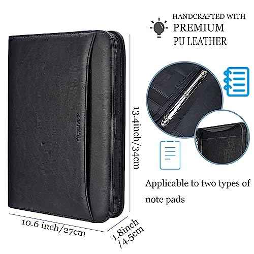 IVESIGN Zippered Padfolio Binder, Faux Leather Organizer with 3-Ring Binder, Left-Handed Design, Business Card Slots & Document Folders - Professional Padfolio for Office (Black)