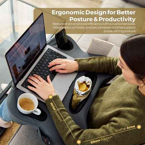 Lap Desk Pillow - Cushioned Lap Pillow for Reading, Gaming, Work & Travel, Soft & Portable Laptop Desk for Bed, Couch, or Car, Ergonomic Support for Laptops & Tablets (Grey)