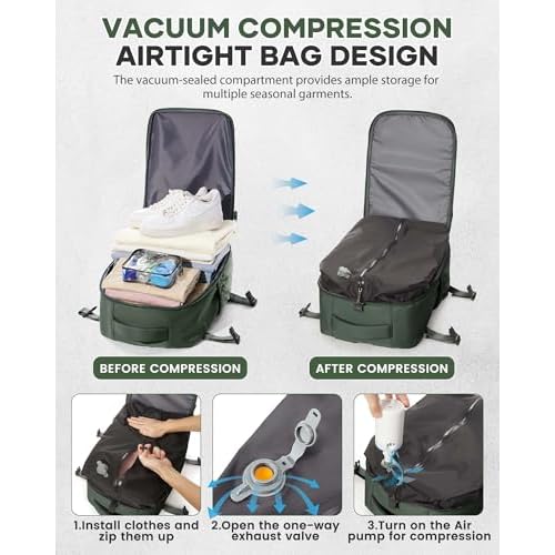 Vacuum Travel Backpack with Pump for Women, Personal Item Carry on Vacpack Backpacks Flight Approved 18x14x8 inches for Men,Laptop Waterproof Work Compression bags Casual Daypack,BrownGreen