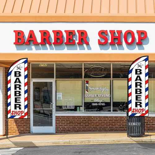 VitalCozy 2 Set Barber Flag Barbershop Themed Swooper Flag Banner with Pole Kit Open Feather Barber Sign for Salon Business Advertising Outdoor Outside(7 ft)