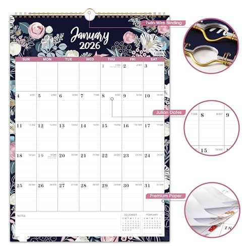 2026 Calendar - 2026 Wall Calendar, 12 Monthly Wall Calendar 2026 from January 2026 - December 2026, 12" x 17", Twin-Wire Binding + Hanging Hook + Ruled Blocks + Thick Paper with Julian Dates - Floral