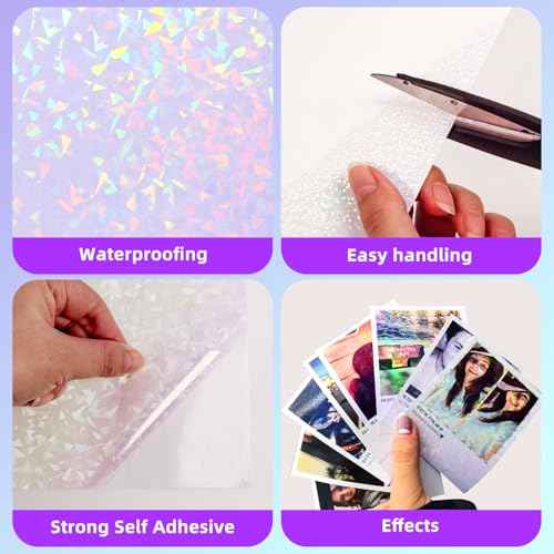 36 Sheets Holographic Laminate Sheets Transparent Holographic Sticker Paper Self Adhesive Laminating Sheets Clear Vinyl Waterproof Overlay for Sticker Pape, 8.5x11 inch 6 Patterns