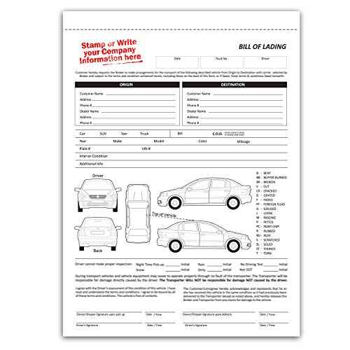 NextDayLabels - Vehicle Transport Bill of Lading (BOL) Form, 3 Part Carbonless (100 Sets) Letter Size Forms