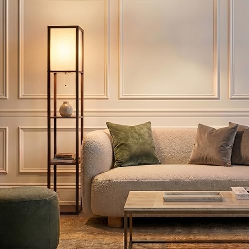 Brightech Maxwell Brown Floor Shelf Lamp with LED Bulb & Diffused Shade for Living Room & Bedroom