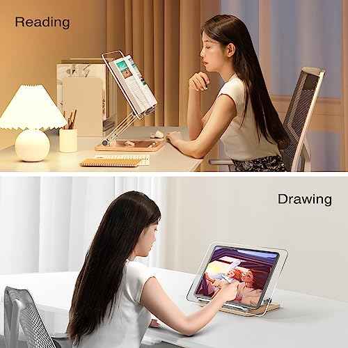 Adjustable Acrylic Book Stand for Reading, Book Holder with Pen Slot, Foldable Desktop Riser for Laptop, Recipe, Textbook - Hands-Free,Cookbook Stand, Clear Design with Page Clips