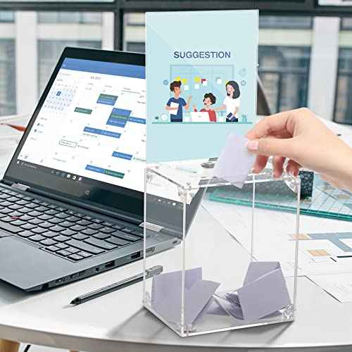 KYODOLED Large Tall Acrylic Donation Box with Slot and Lock, Clear Ballot Box with 6"x8" Sign Holder Storage Container for Voting, Raffle,Tip Jar, 6.7"x5.23"x8"
