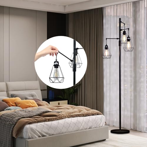 JuGuo 69" Industrial Tree Floor Lamp with Stepless Dimming - Adjustable Cage Shades & weighted Base, Vintage Dimmable Standing Light for Living Room/Office, 3x Edison Bulbs Included (Farmhouse Rustic)