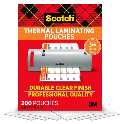 Scotch Thermal Laminating Pouches, 200 Count, Clear, 3 mil., Ideal Office or School Supplies, Fits Letter Sized Paper (8.9 in. ¡¿ 11.4 in.)