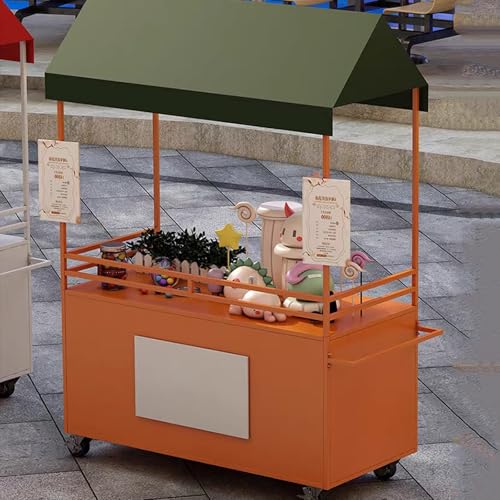 120cm Orange Food Vending Cart with Waterproof Canopy & Lockable Swivel Wheels