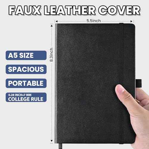 SUIN Lined Journal Notebook, Leather Hardcover Journal for Work, School, Travel, 100 GSM Paper, 160 Pages, 5.5x8.3 Inch, College Ruled, Black, 1-Pack