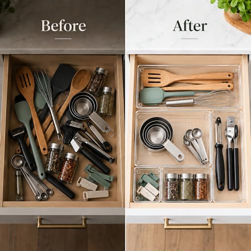 10 Pack Clear Drawer Organizer Trays - 5 Sizes Non-Slip Storage Bins