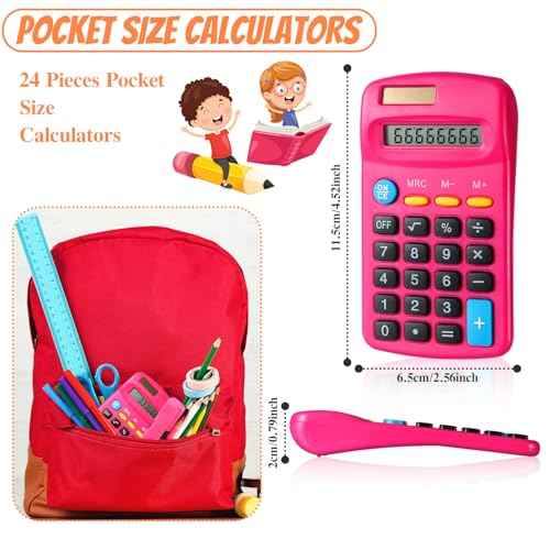24 Pieces Basic Calculators for Students Small Pocket Size 8 Digit Display Mini Calculators Dual Powered Handheld for School Desktop Home(Rose Red)
