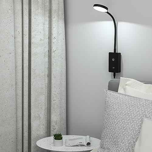 Touch Dimmable LED Wall Mounted Bedside Reading Light, Black Flexible LED Wall Reading Lamp for Nightstand in Bedroom, 120¡Æ Wide Angle Neutral White Lighting, with 5V2A USB Output Port
