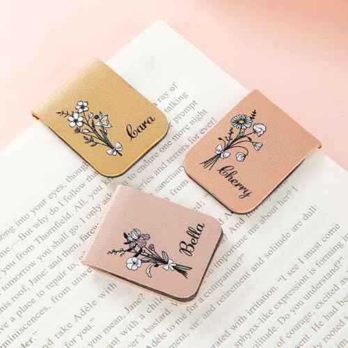 callie Custom Leather Magnetic Bookmark Clip with Birth Flower & Name, Birthday Gifts for Reading Lovers Women Men, 1 Pack