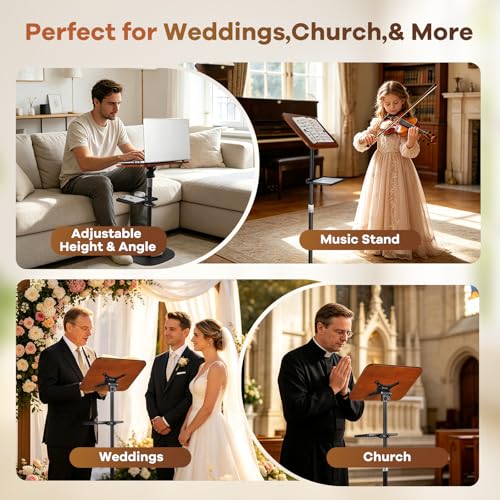 Adjustable Lectern Podium Stand with Wooden Panel and Storage Tray