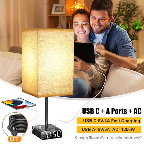 Touch Control Nightstand Light,Bedside Lamp with Alarm Clock&Charging Station - 2 Alarm Clock+ 2AC + 1USB-A + 1USB-C,Lamps with USB Ports and Outlets,3-Level Dimmable Touch Lamp