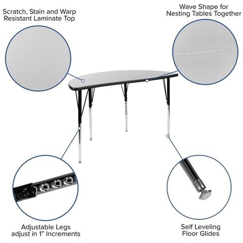 Flash Furniture 47.5" Half Circle Wave Collaborative Grey Thermal Laminate Activity Table - Standard Height Adjustable Legs