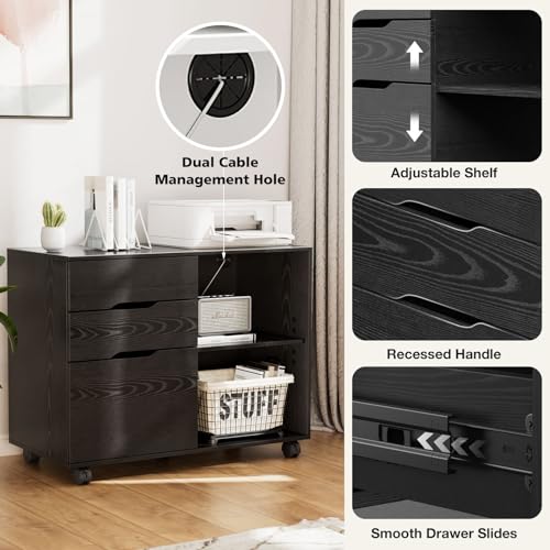DUMOS 3-Drawer Rolling File Cabinet with Adjustable Shelf & Printer Stand