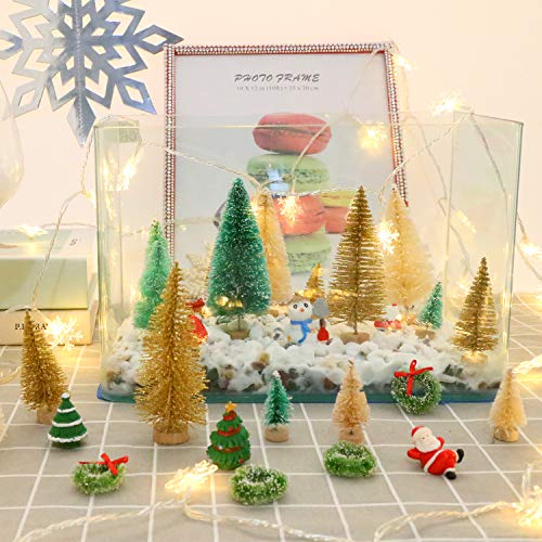 CCINEE 30 Pcs Miniature Frosted Bottle Brush Christmas Trees - 4 Sizes, Wooden Base, 12.5cm/8.5cm/6.5cm/4.5cm 1.3cm Wreath