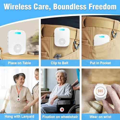 Daytech Wireless Caregiver Pager for Elderly Monitor/Seniors/Patient/Disabled at Home Nurse Alert System 300+ Feet 2 Portable/Vibration Receiver & 1 Call Button & 1 Alert Watch