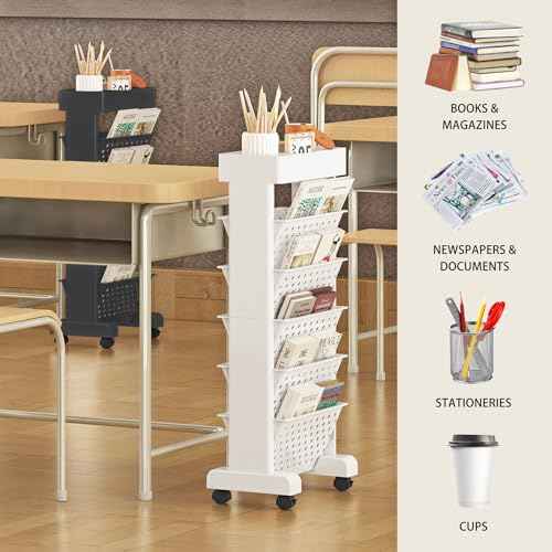 BYFU 6-Tier Movable Bookshelf Cart, Rolling File Paper Storage Organizer Mobile Bookcase with Wheels for Home Office Study Classroom, White