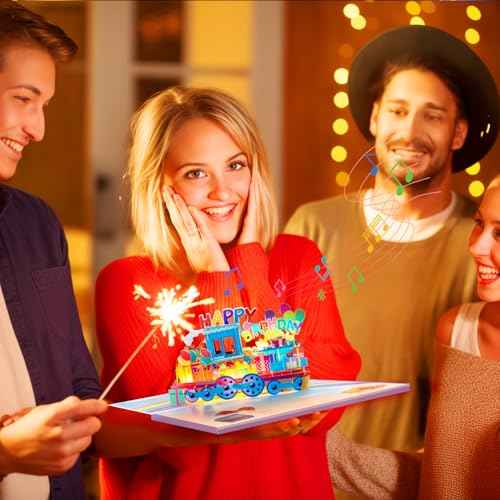 3D Train Pop Up Musical Birthday Card for Grandson, Granddaughter, Kids, Boys and Girls, Light Up Features, Plays 'Happy Birthday' Song, Fun Interactive Birthday Greeting
