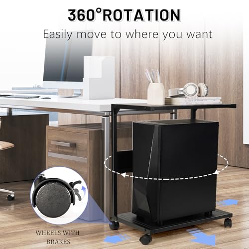 PC Stand Computer Tower Stand 2-Tier Metal CPU Holder with Locking Caster Wheels Suitable for Most PC (Black, L)