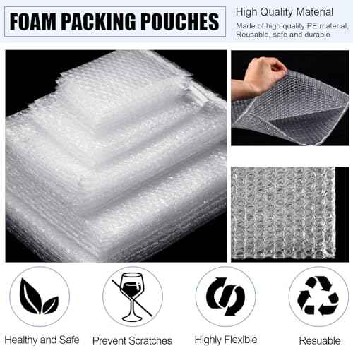 100 Pcs 5 Sizes Clear Bubble Bags Self Adhesive Bubble Cushioned Pouches Double Walled Shockproof Clear Cushioning Wrap Bags for Packing Moving Shipping and Storage
