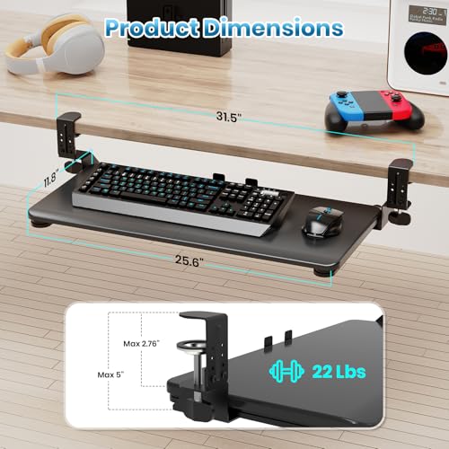 Large Keyboard Tray That Slides Out from Under The Desk, Pull Out with Adjustable C-clamp, 25.6 (31.5 Including Clamps) x 11.8 Inch Computer Keyboard Drawer Mouse Tray for Typing, Black