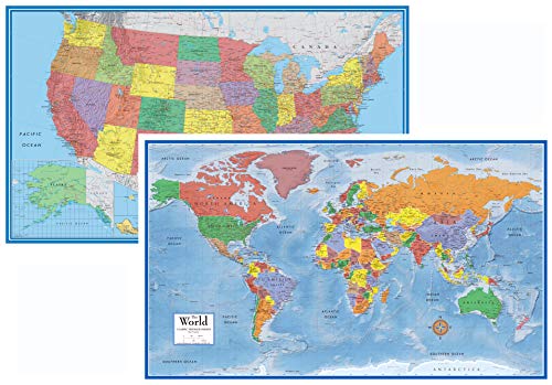 24x36 Laminated World & USA Map Set - 3D Terrain Relief, Dry-Erase, Premier